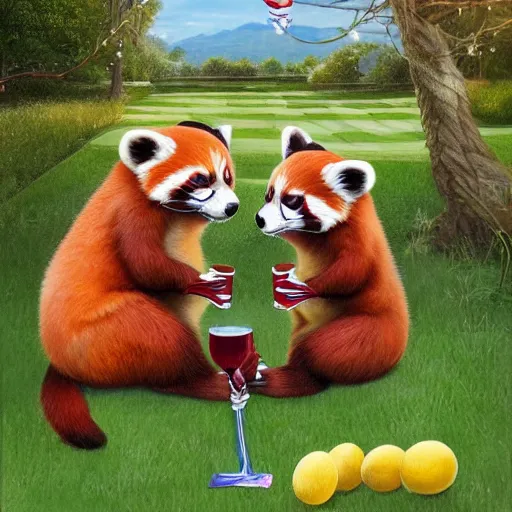 Image similar to very cute friendly happy high energy red pandas at a fancy garden party playing croquet and drinking lemonade, artwork by mark brooks and Asher Brown Durand, grand master, cinematic