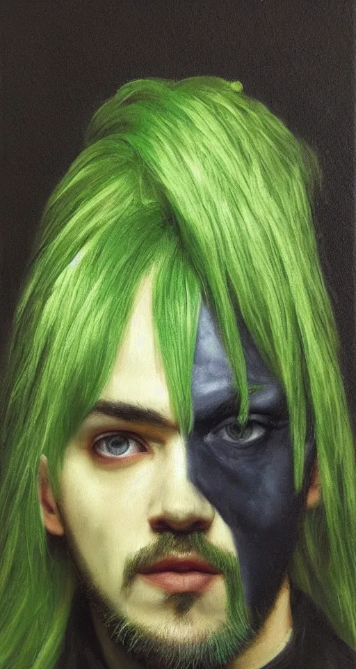 Image similar to jacksepticeye with dyed green hair renaissance portrait painting, chiaroscuro, oil paints on canvas