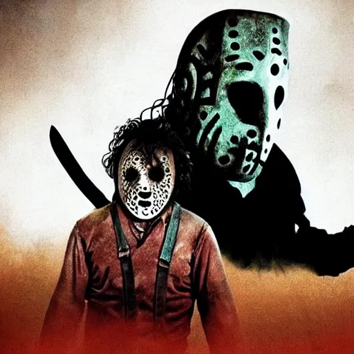 Image similar to Leatherface and Jason voorhees in a Wes Anderson style horror movie