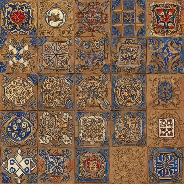 Image similar to a digital painting of medieval floor tiles with heraldic images by justin gerard, paul bonner, highly detailed, digital art, artstation hd