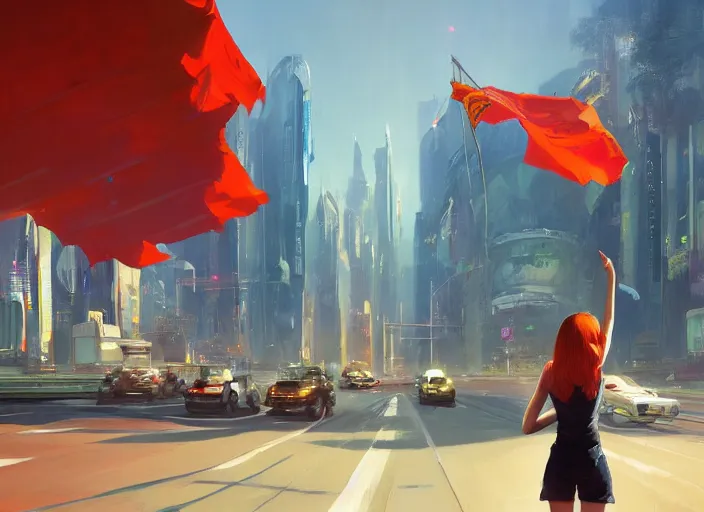 Image similar to gorgeous inspiring girl enthusiastically waving a red flag over her head to manage antigrav car traffic in a Mandelbrot fractal futuristic bustling utopian city by Craig Mullins, ilya kuvshinov, krenz cushart, artgerm trending on artstation by Edward Hopper and Dan Mumford and WLOP and Rutkovsky, Unreal Engine 5, Lumen, Nanite, lowpoly:10