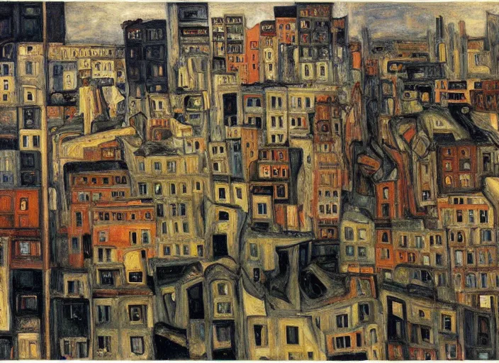 Prompt: a San-Francisco cityscape, houses, trees and hell in style of Chaim Soutine, Egon Schiele city drawings and Frank Auerbach and Bosch