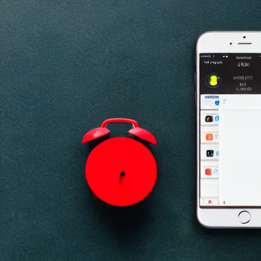 Image similar to Very tiny red alarm clock that looks like the iOS emoji and has the same colors, 3D clay render, 4k UHD, white background, isometric top down left view, diffuse lighting, zoomed out very far