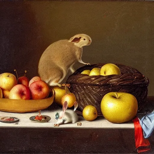 Prompt: a still life painting of various types of fruit and a dead rabbit on top of a wooden table with two mice eating an apple under the table, painting in the style of the dutch school, painting by melchior d'hondecoeter