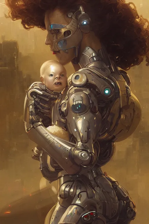 Prompt: Ultra realistic illustration, robot woman carrying a baby, cyberpunk, sci-fi, fantasy, intricate, elegant, highly detailed, digital painting, artstation, concept art, smooth, sharp focus, illustration, art by artgerm and greg rutkowski and alphonse mucha
