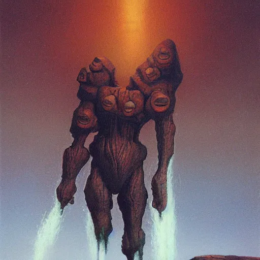 Image similar to concept art of a giant golem, day time, foreboding, fantasy, valley, wayne barlowe