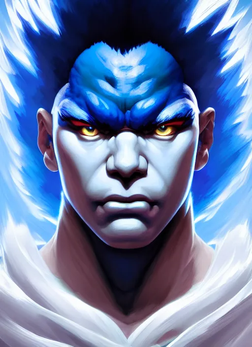 Image similar to symmetry!! portrait of blue akuma, street fighter, global illumination!! intricate, elegant, highly detailed, digital painting, artstation, concept art, smooth, sharp focus, illustration, art by artgerm and greg rutkowski and alphonse mucha