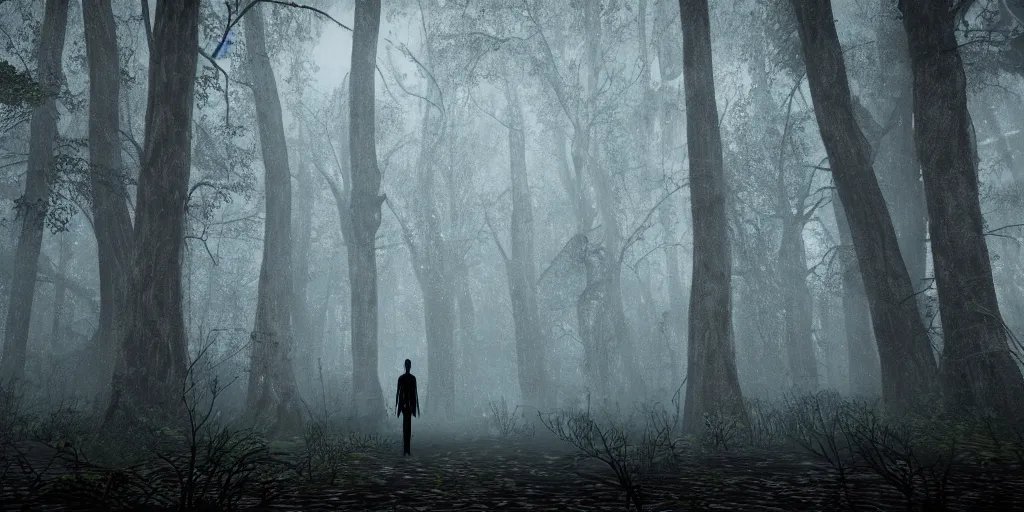 Prompt: horror spooky raining forest with a slenderman, natural environment, cinematic, realistic, highly detailed, 8k render, unreal engine 5