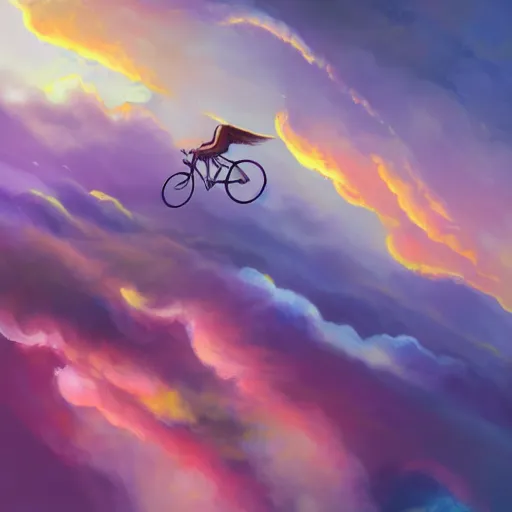 Prompt: A whimsical painting of a happy man flying in the sky on his bicycle in the clouds, beautiful flowing feeling, sunset, dramatic angle, realistic and detailed, by studio trigger, by Makoto Shinkai rossdraws and Wojtek Fus