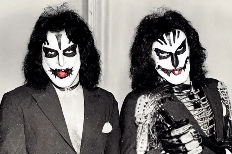 Prompt: 1 9 3 0 s photograph of paul stanley and gene simmons wearing terrifying handmade halloween costumes