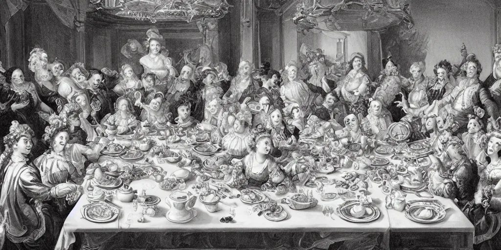Image similar to rococo style drawing of work colleagues of a design studio get together to feast on a big table with lots of food