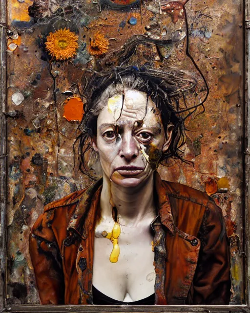 Image similar to a full length portrait of a very ordinary young woman with a troubled expression, Anselm Kiefer and Lucian Freud and Jenny Saville, oil painting, rust, Scaffolding, rusted metal and sunflowers, iron cladding, decay, mixed media, textured, anatomically correct, beautiful perfect face, visible brushstrokes, sharp focus, Highly Detailed, photographic emulsion cracked and peeling, Cinematic Lighting, 8k, HD