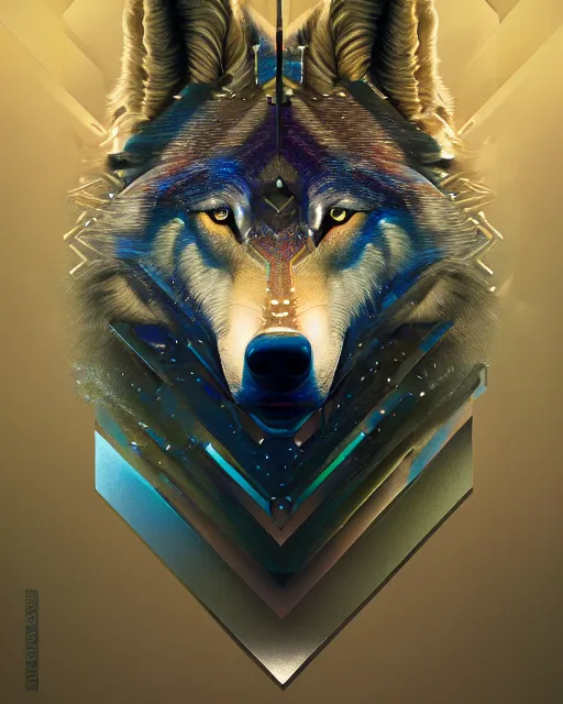 Image similar to highly detailed surreal vfx portrait of a metallic chromatic geometric tribal wolf, behance, stephen bliss, unreal engine, greg rutkowski, loish, rhads, beeple, makoto shinkai and lois van baarle, ilya kuvshinov, rossdraws, tom bagshaw, alphonse mucha, global illumination, detailed and intricate environment