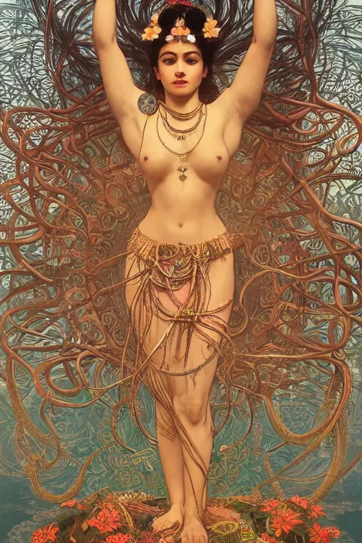 Prompt: an immaculate render of a dancing tribal goddess adorned with leaves and cables and bird wings, dancing in a temple surrounded by wild tentacles made from mandalas and incense smoke, full body, perfect face, powerful, cinematic, beautifully lit, by artgerm, by alphonse mucha, by karol bak, 3 d, trending on artstation, octane render, 8 k