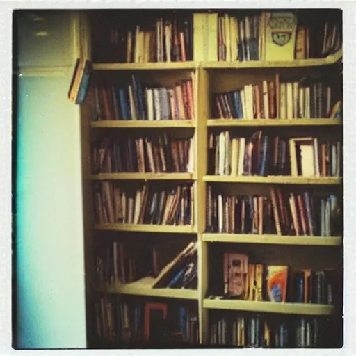 Prompt: a bookshelf full of dust, polaroid photo, perfect photo, photo pinterest