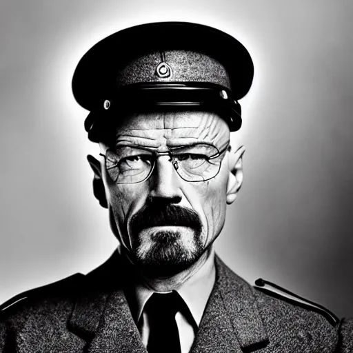 Image similar to Walter White as a 1940s German Officer, serious, Noir, fog, Intense detail, sharp focus, movie still, lighting,