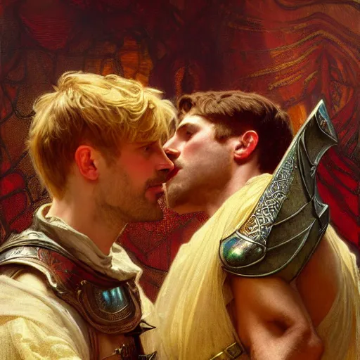 Image similar to attractive arthur pendragon and his attractive male knight, they are in love, natural lighting, path traced, highly detailed, high quality, digital painting, by gaston bussiere, craig mullins, alphonse mucha j. c. leyendecker