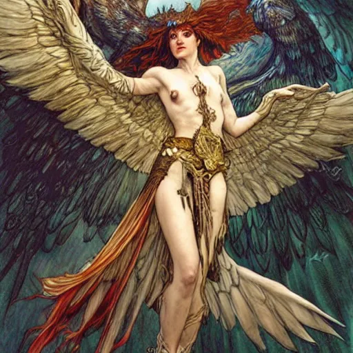 Image similar to a flying harpy with huge eagle wings, d & d, fantasy, luis royo, magali villeneuve, donato giancola, wlop, krenz cushart, hans zatka, klimt, alphonse mucha