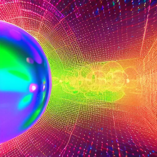 Image similar to a soap bubble with multicolored lights on it, a hologram by fred a. precht, polycount, holography, quantum wavetracing, ray tracing, holographic