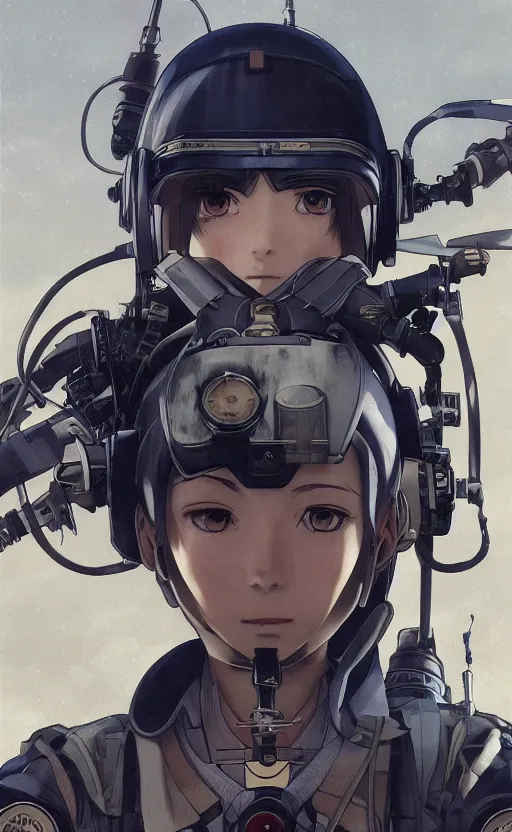 Image similar to pilot girl, cyborg aircraft parts, anime style, vintage pilot clothing, shoulder eyes, last exile anime, hair down, symmetrical facial features, from arknights, hyper realistic, 4 k, rule of thirds, extreme detail, detailed drawing, trending artstation, realistic lighting, by alphonse mucha, greg rutkowski, short neck