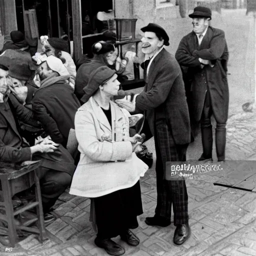 Prompt: soup Nazi telling Elaine no soup for you outside of beer hall in Munich 1930, black and white, 8k,