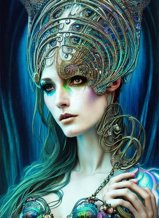 Image similar to hyperrealistic detailed portrait of a beautiful goddess in an iridescent cyber headdress, intricate cyberpunk make - up, art by android jones, nekro borja, alphonso mucha, h. r. giger, ornamental gothic - cyberpunk,