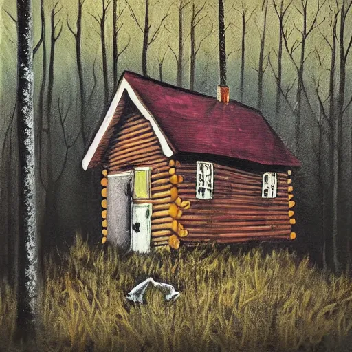 Image similar to a painting of a eerie cabin in the middle of the woods in the style of banksy