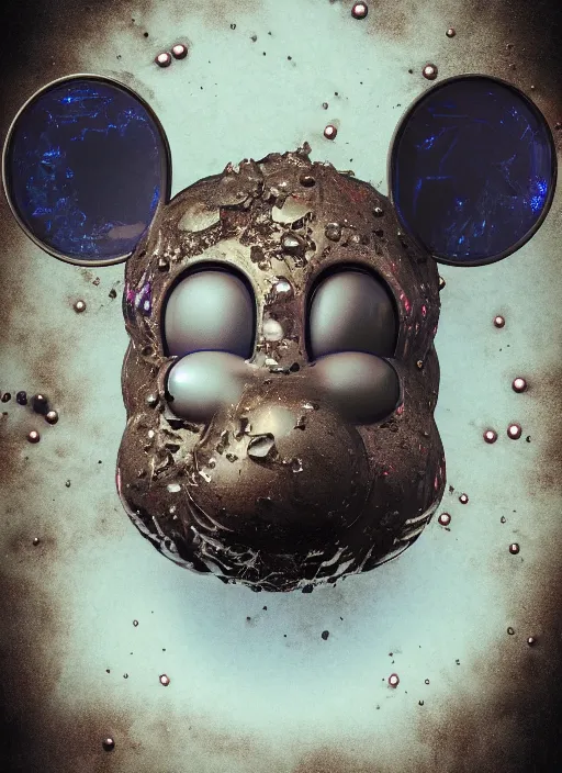 Image similar to mickey mouse head, fractal, broken, wet, mycelium, radiant alien, rococo, baroque, automotive, bio-mechanical, porcelain, iridescent sub surface scattering, octane render