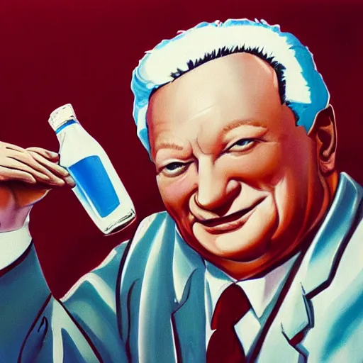 Prompt: yeltsin with red eyes holding a bottle of vodka, creepy realistic art in color