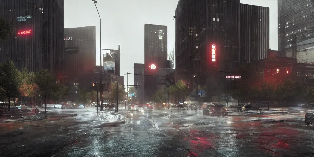 Prompt: haus of gaga's own downtown denver with heavy rain, cinematic, ultra - realistic, ultra - detailed, octane render, unreal engine 5, depth of field