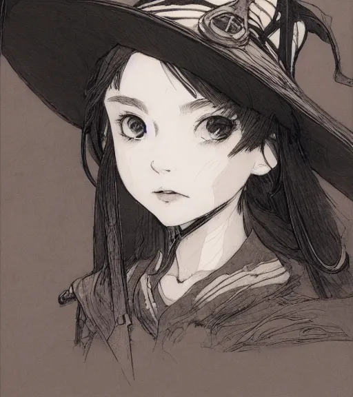 Image similar to portrait of little anime girl wearing witch hat, pen and ink, intricate line drawings, by craig mullins, ruan jia, kentaro miura, greg rutkowski, loundraw