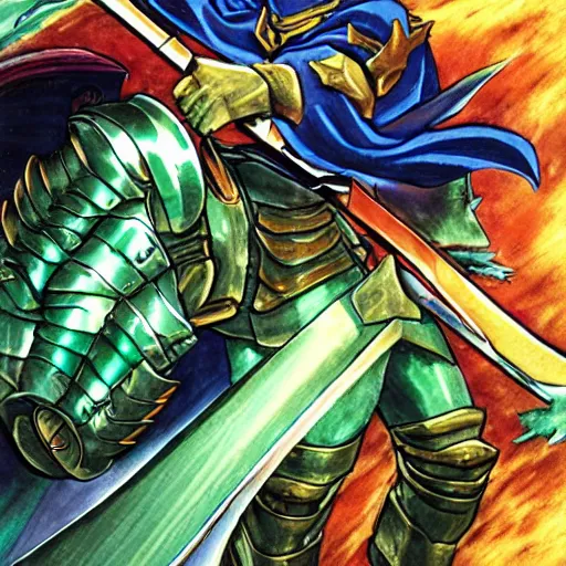 Image similar to fantasy knight behind the wheel of a green hatchback, blue armor, golden sword, dragon attacking with fire, Yusuke Murata
