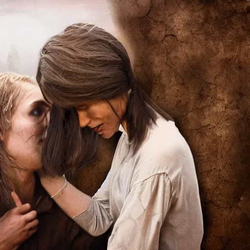 Image similar to woman crying next to a knight's body, cinematic, dramatic scene