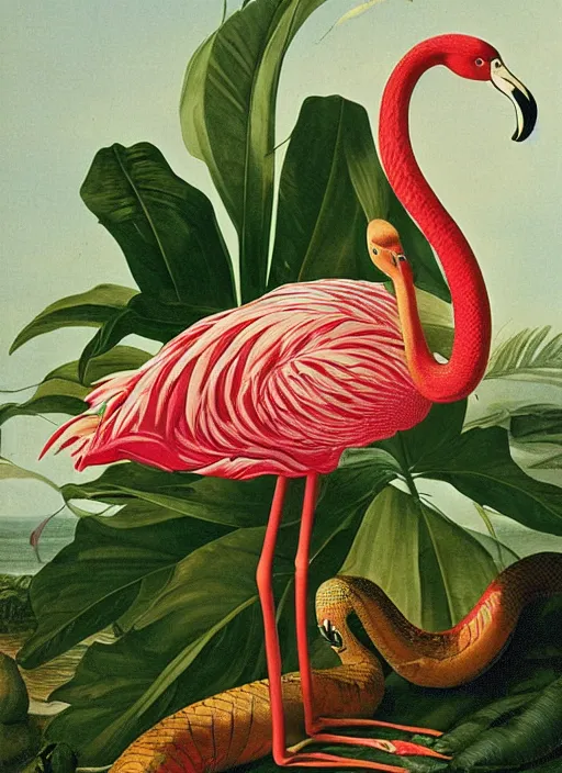 Image similar to python wrapped around a flamingo, tropical plants, botanical, biology, artist john audubon