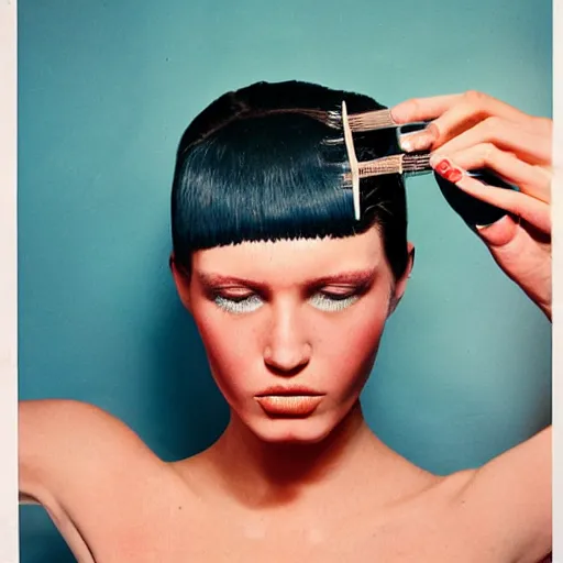 Prompt: a studio close - up portrait of a beautiful fashion model curls her hair, cutting her hair. surreal photograph, lo - fi, polished look, silly and serious, hermes ad, fashion photography, toiletpaper magazine, 3 5 mm photograph, colourful, by pierpaolo ferrari, maurizio cattelan, david lachapelle