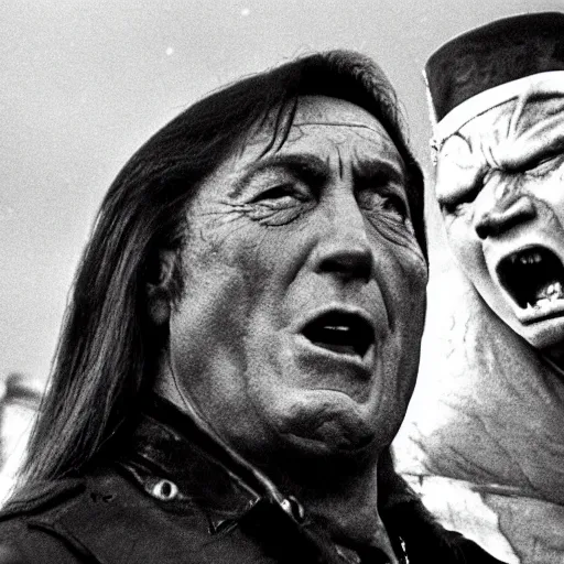 Image similar to Silvio Berlusconi the orc chieftain cry at the sky as he watches his brother slain in battle
