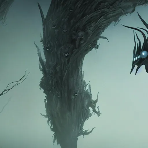 Prompt: extremely detailed cinematic movie still hollow knight by denis villeneuve, wayne barlowe, simon birch, marc simonetti, philippe druillet, beeple,