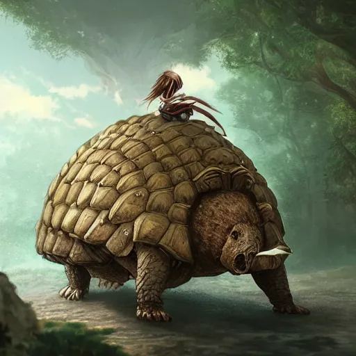 Image similar to yanonami riding a glyptodon, greg rutkowski, fantasy, intricate, elegant, highly detailed, digital painting, artstation, full body, concept art, long shot, cinematic lighting