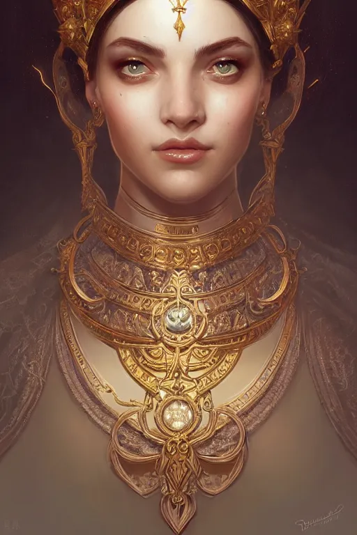 Image similar to highly detailed portrait of an elegant goddess, ornate crown, beautiful symmetrical face, digital painting, artstation, concept art, smooth, clear focus, illustration, greg rutkowski, artgerm, global lighting, detailed and fantasy