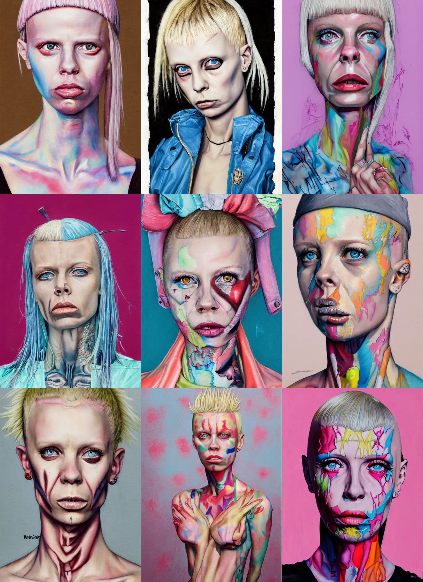Prompt: yolandi visser from die antwoord standing in a township street, full figure portrait painting by martine johanna, pastel color palette