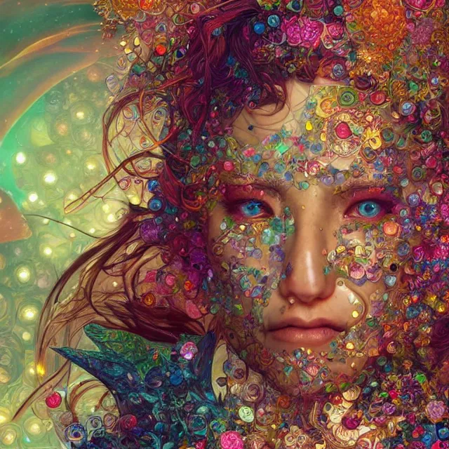 Prompt: a painful facial expression with tearful eyes made with fractal gems, fractal crystals, very intricate, hyper realistic, octane render, very colorful, vibrant, cinematic, amazing details, by james jean, by brian froud, by ross tran, by alphonse mucha