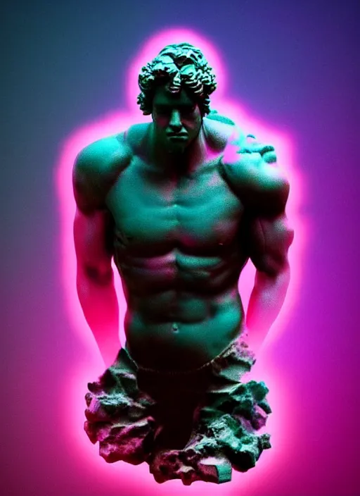 Prompt: statue of hercules, beeple, vaporwave, retrowave, abstract neon shapes, black background, glitch, pixel sorting, strong contrast, pinterest, trending on artstation