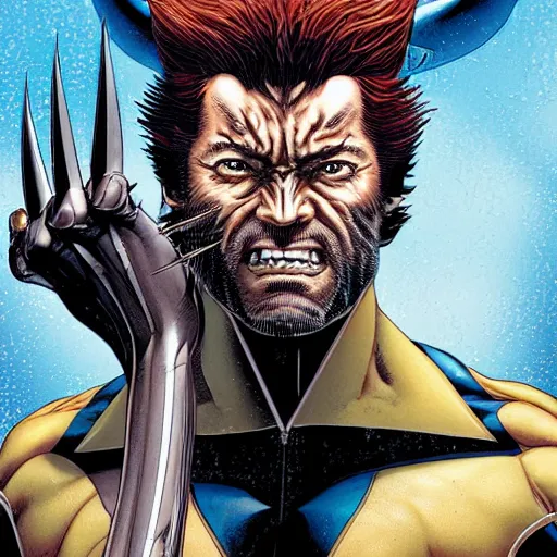 Image similar to portrait of wolverine from xmen, symmetrical, by yoichi hatakenaka, masamune shirow, josan gonzales and dan mumford, deayami kojima, takato yamamoto, barclay shaw, karol bak, yukito kishiro