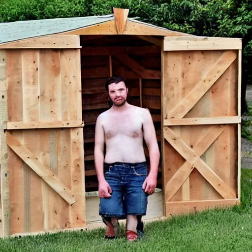 Prompt: man in a dress builds a wooden shed out of pallets diy tools nikon dslr detailed