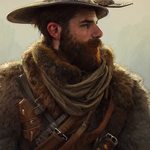 Image similar to portrait of a rugged ranger, full body, hairy torso, D&D, fantasy, intricate, elegant, highly detailed, digital painting, artstation, concept art, matte, sharp focus, illustration, art by Artgerm and Greg Rutkowski and Alphonse Mucha