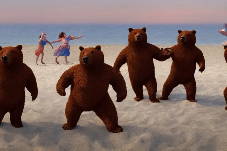 Prompt: Bears dancing at a party at the beach, cinematic, atmospheric, 8k resolution, ArtStation, Hyperrealistic