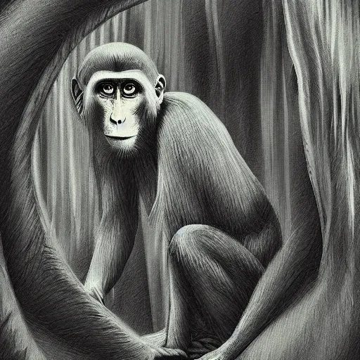 Prompt: macaque inside alien base, digital art, soft shadows, creepy art