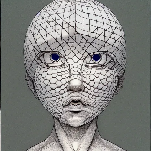 Image similar to prompt: Fragile looking vessel portrait face drawn by Katsuhiro Otomo, inspired by Escher, magical and alchemical objects on the side, soft light, white background, intricate detail, intricate ink painting detail, sharp high detail, manga and anime 2000