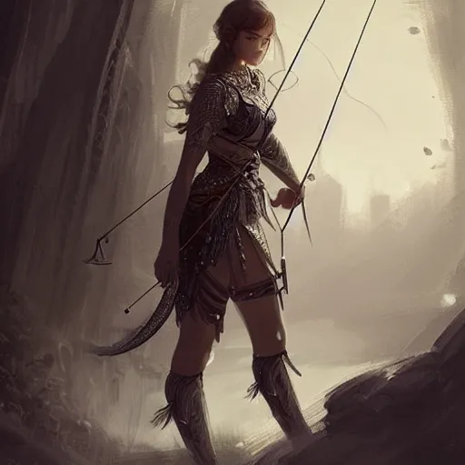 Image similar to beautiful extremely detailed intricate concept art depicting an archer by wlop. shining jewelry. grey atmosphere. particles in the background.