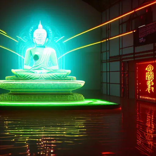 Image similar to cybernatic buddhist temple, cybernatic, cyberpunk, bright led lights, 3 d render, unreal engine 5, by beeple, dizzy viper, marischa becker, octane render, high quality, very detailed